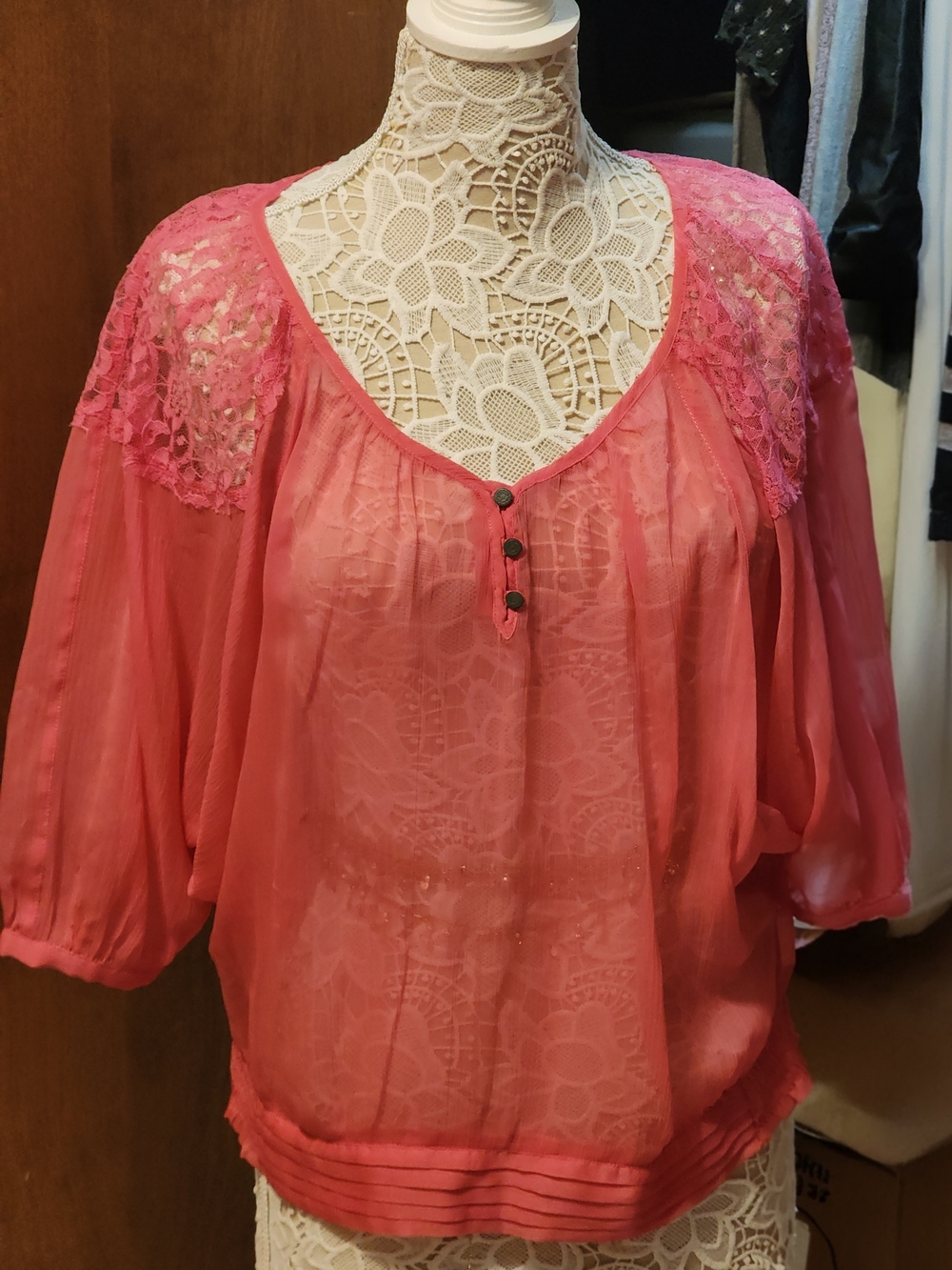 Nine West Coral Lace-Trim Sheer Blouse